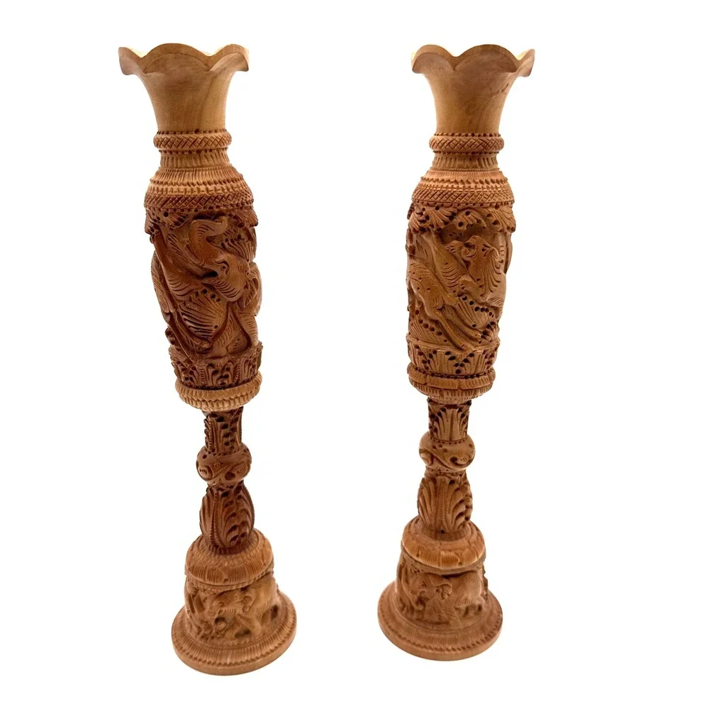 Pair Hand Carved‎ Wooden Flower Bud Vase Elephants Lions Home Garden Decor Art
